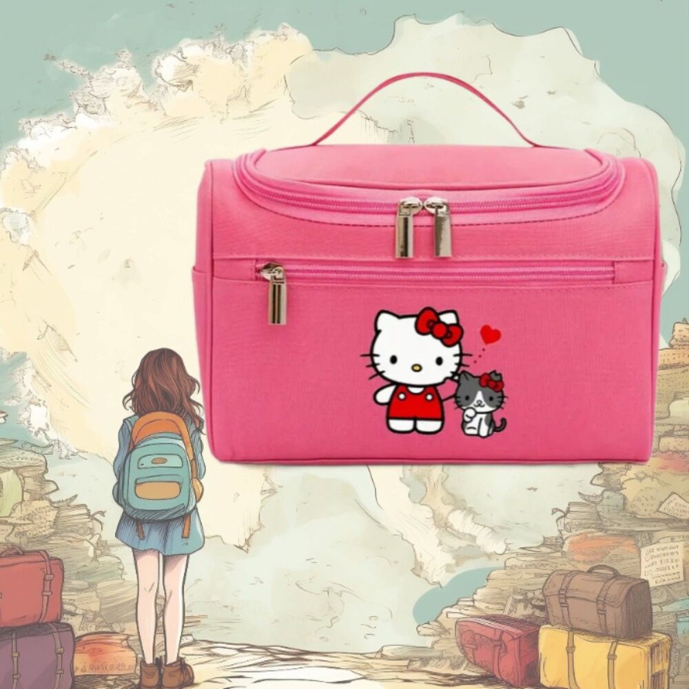 Sanrio Hello Kitty Pink Travel Cosmetic Bag Compartments Hanging Hook